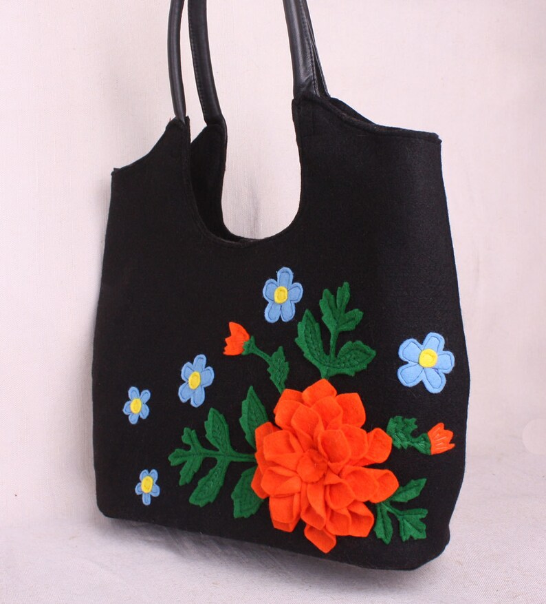 Black flower bag Floral shoulder purse Felt black bag Felted Etsy