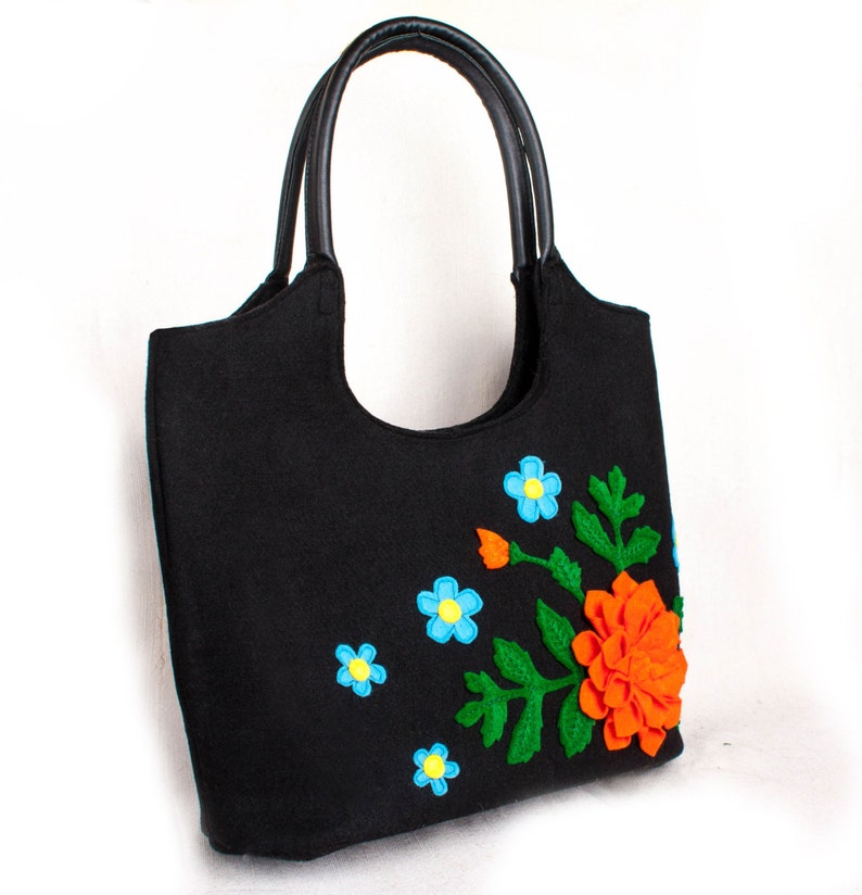 Black flower bag Floral shoulder purse Felt black bag Felted Etsy