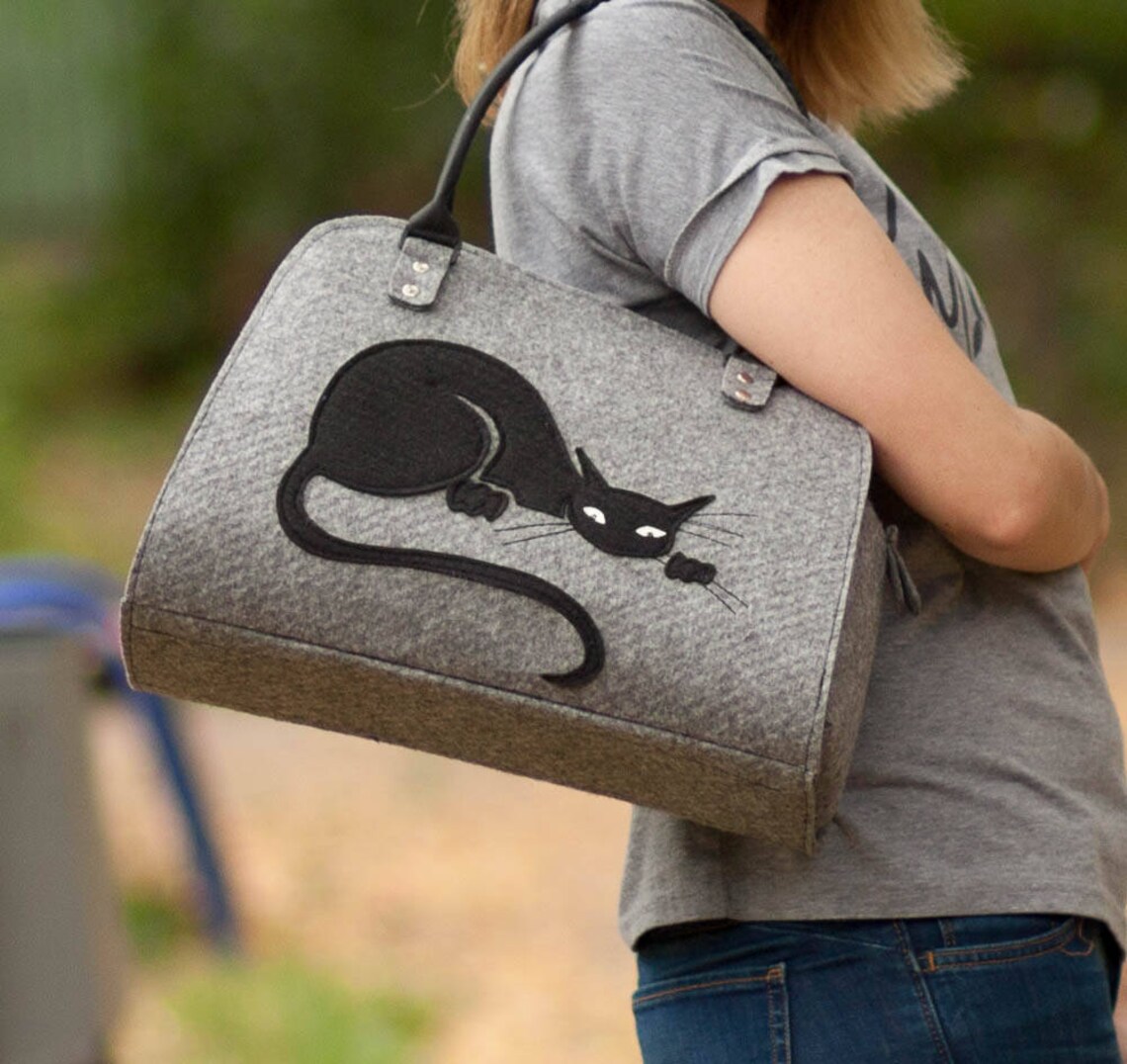 Felt cat purse Cat handbag Grey handbag Cat bag Felted bag Etsy