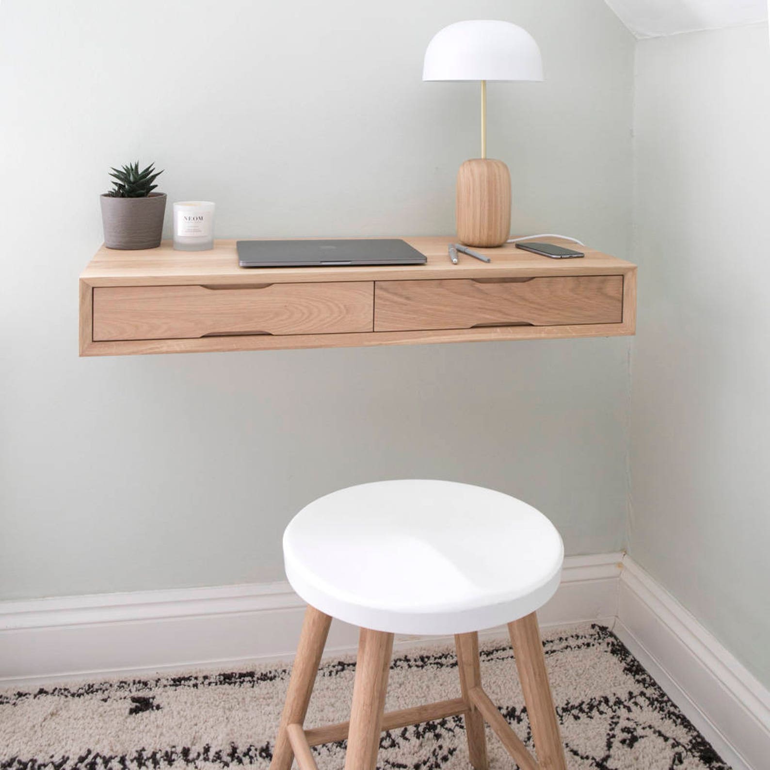 Natural wood floating desk with drawers