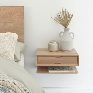 floating oak nightstand with drawer and shelf