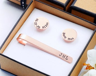 Rosegold (cuivre) Tie Clip Cufflink Set, Fête des pères et papa Hommes Boyfriend Christmas, Clip de cravate personnalisé Bouton de manchette, Pinces de cravate Groomsmen,