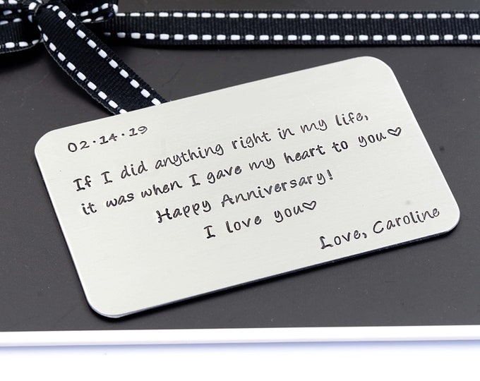 Aluminum Wallet Insert Card - Anniversary Card, Custom wallet card, Personalized message for Husband, Anniversary gift, Keepsake, For groom