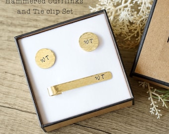 Hammered Tie Clip Cufflink Set, Personalized Tie Clip  Cufflink, Engraved Tie clip, Groomsmen tie clips, for Bestman, boyfriend gift