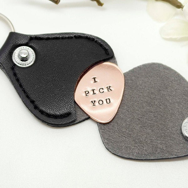 I Pick You, Personalized Guitar Pick with leather case,  Hand Stamped Copper Guitar Pick - Gift for Husband, Boyfriend & Brother- Birthday