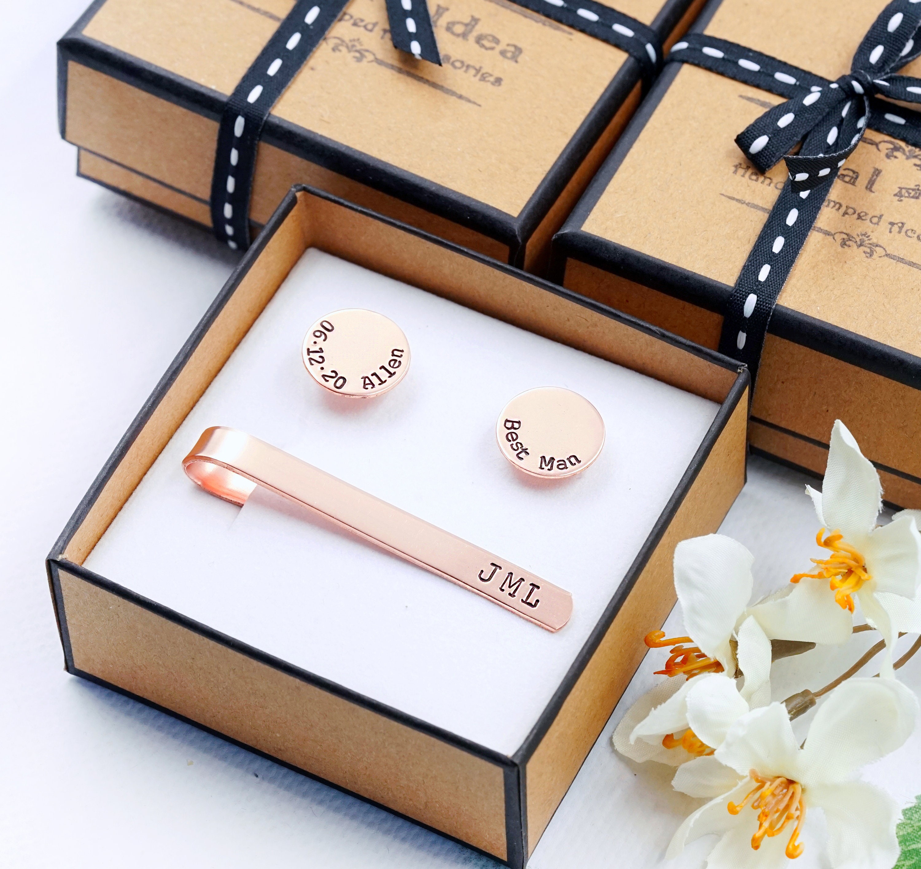 Rosegold copper Tie Clip Cufflink Set Father's Day and - Etsy