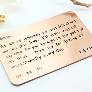 Copper Wallet Insert Card - Customized personal messages - Husband, Boyfriend, Unique, Deployment Gift for Him,  Personalized Gift for Him