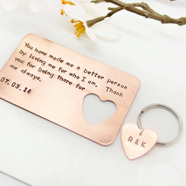 Boyfriend Gift- Hand stamped Wallet Insert Card & Key Chain Set- Anniversary- Husband Gift- 7 Year Anniversary, Personalized Gift for Him