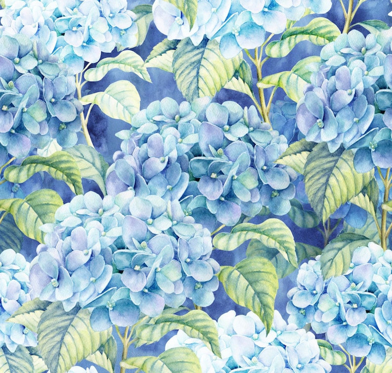 Op de afbeelding: Een aquarel schilderij van blauwe hortensia's met groene bladeren op een blauwe achtergrond. De bloemen zijn in een tros gerangschikt en hebben een zachte, delicate uitstraling.
