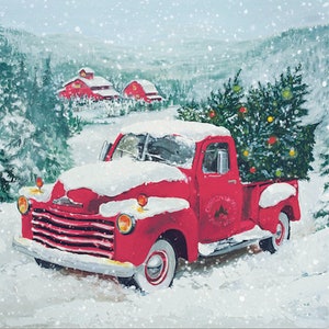 Snowy Red Truck - Decoupage Paper Napkins, Christmas Red Truck Napkins, Cocktail Paper Napkins, 20 Paper Napkins for Decoupage