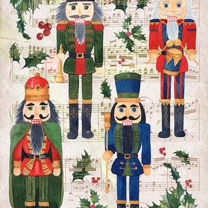 Puede incluir: Cuatro figuras de cascanueces se encuentran sobre un fondo de partituras musicales con ramas de acebo. Los cascanueces están vestidos con uniformes rojos, verdes y azules con detalles dorados. El texto "The Nutcracker Suite" es visible en la parte superior de la imagen.