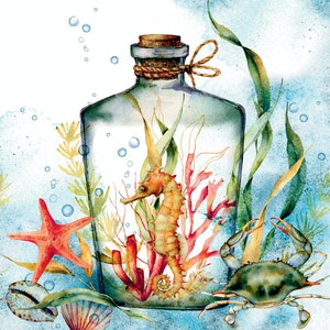 Seepferdchen in Flaschen - Decoupage Papierservietten, Maritime Servietten, Cocktailservietten, 20 Papierservietten für Decoupage