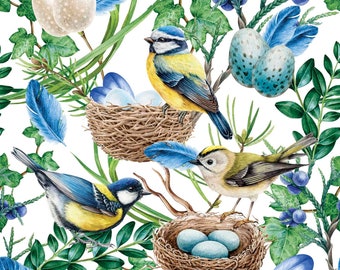 BLUE BIRDS NEST - Decoupage Paper Napkins, Bird Napkins, Cocktail Paper Napkins, 20 Paper Napkins for Decoupage