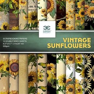 May include: A pack of 10 double-sided scrapbooking papers featuring vintage sunflower designs. The papers are 8.27 inches by 11.7 inches and 200gsm.