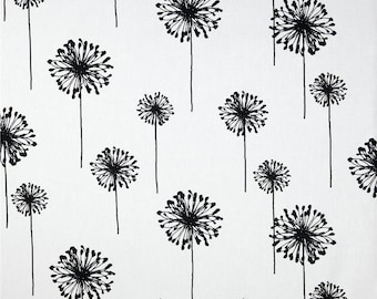 May include: White fabric with a black dandelion pattern. The dandelions are stylized and have a delicate, wispy look.
