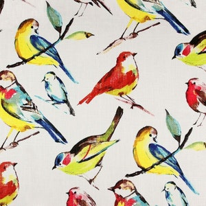 May include: A white background with a repeating pattern of colorful birds. The birds are painted in a watercolor style and feature a variety of colors, including red, yellow, blue, and green.