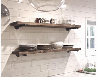 Rustic Pine Floating Shelf | Farmhouse Decor with Pipe Brackets