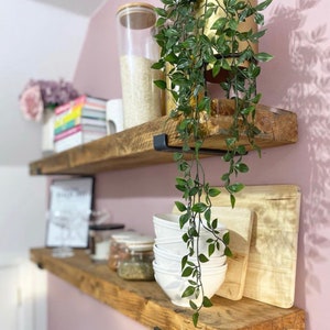 Heavy Duty Floating shelving with J brackets, rustic farmhouse kitchen or bathroom shelf, custom plant storage, Whiskey or Wine shelf