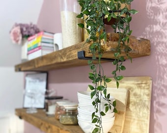 Handcrafted Rustic Pine Floating Shelf: Modern Farmhouse J Bracket, Heavy Duty