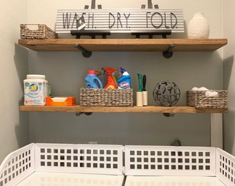 A Long Rustic Floating Shelf, two brackets, Laundry Room Storage and Organization, Farmhouse Laundry Room, Rustic Wood wall shelf