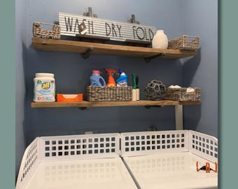 Modern Farmhouse Floating Laundry Shelf: Heavy Duty Pine Wood.