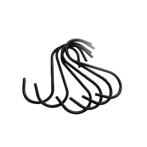 May include: A set of six black metal S-shaped hooks. The hooks are all the same size and shape, and they are arranged in a pile.