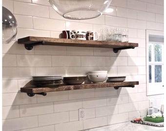 Rustic Pine Floating Shelf | Farmhouse Decor with Pipe Brackets
