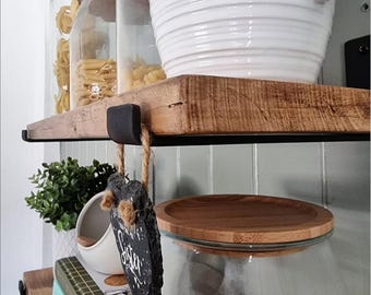 Rustic Wood Floating Shelf with J Shaped Brackets, Farmhouse Plant Storage