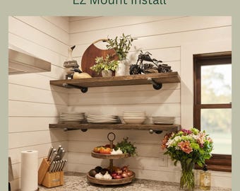 Rustic Pine Floating Shelf with Pipe Brackets, Farmhouse Style