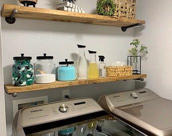 Rustic Pine Shelf with Pipe Brackets, Farmhouse Floating Shelf