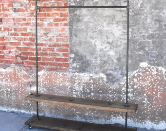 Industrial Garment Rack: Rolling Clothes Rack with Rustic Wood Shelves