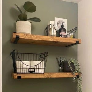 Rustic Pine Floating Shelf: Solid Wood Wall Shelving with Iron J Brackets