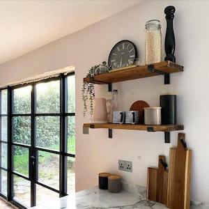 Rustic Industrial Floating Shelves, L Shaped brackets, Farmhouse Wall shelves, Flat Iron bracket, Kitchen wood shelves, Modern Farmhouse