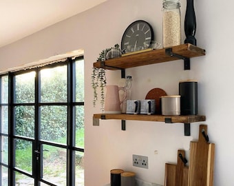 Rustic Pine Floating Shelf: Farmhouse Kitchen Wall Decor, L Brackets