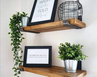 SET OF TWO - Rustic Solid Pine Shelves with J Brackets: Modern Farmhouse Storage Solution