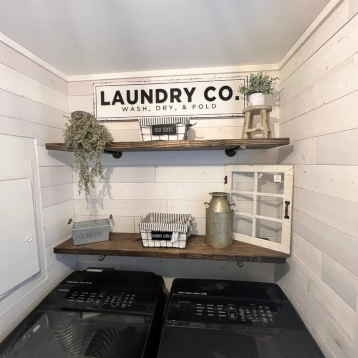 A Long Rustic Floating Shelf Two Brackets Laundry Room Etsy