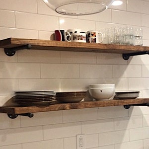 One Extra Long Farmhouse Rustic Floating Shelf, Iron Pipe brackets, Wall shelf, Kitchen storage, Rustic Fixer Upper shelf, Apartment Decor