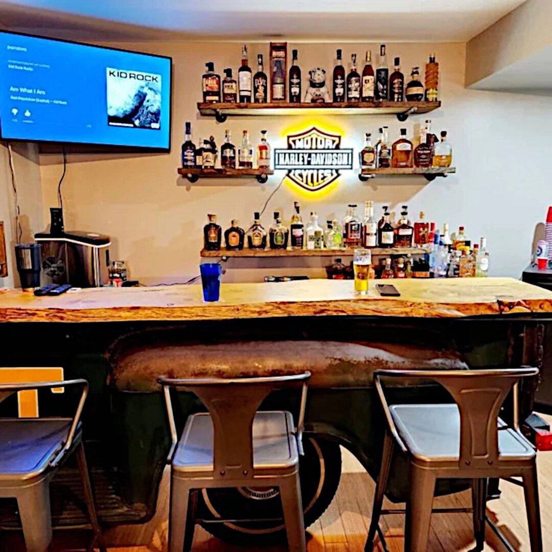 Heavy Duty Long Rustic Floating Shelf With Two Iron Pipe Brackets