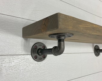 Free Shipping Farmhouse Rustic Industrial Floating Shelves, Angled pipe brackets, Custom Wall shelf, Pinewood shelf, Rustic wood shelf