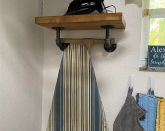 Custom Rustic Iron Board Holder, Farmhouse Ironing Board Hanger, Ironing Board Holder with Rustic 9.25" Deep Top Shelf