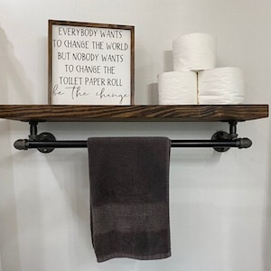 Various Depths Farmhouse Rustic Floating Industrial shelf, Modern Laundry Room Rack. Pipe shelf with Towel Bar, Bathroom towel storage,