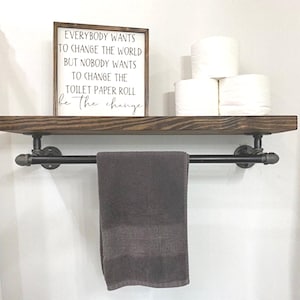 Rustic Farmhouse Floating Shelf with Towel Bar, Pine Wood & Iron Pipe