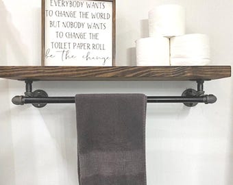 Rustic Farmhouse Floating Shelf with Towel Bar, Pine Wood & Iron Pipe