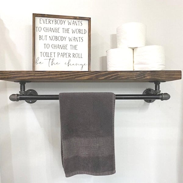 Rustic Farmhouse Floating Shelf with Towel Bar, Pine Wood & Iron Pipe