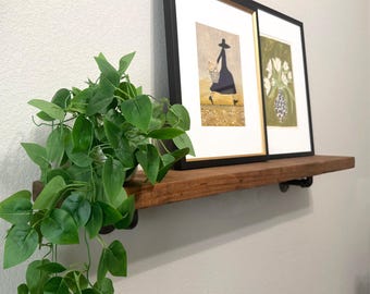 Rustic Modern Floating Pinewood Shelves, Angled pipe brackets,