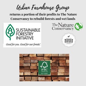 May include: Image showing logos for Sustainable Forestry Initiative, The Nature Conservancy, and FSC, with text indicating Urban Farmhouse Group's support for forest and wetland restoration. The FSC logo is set against a wood background.
