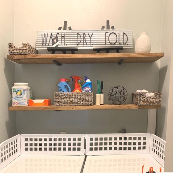 Modern Farmhouse Floating Laundry Shelf: Heavy Duty Pine Wood.