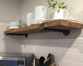 Rustic Farmhouse Floating Shelf: Solid Pine Wood, Sturdy Pipe Brackets