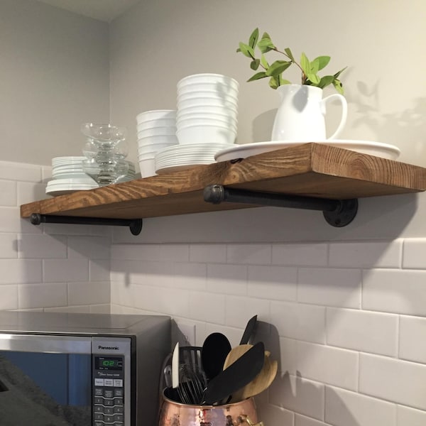 Rustic Farmhouse Floating Shelf: Solid Pine Wood, Sturdy Pipe Brackets