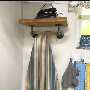 Rustic Ironing Board Holder with Shelf: Laundry Room Storage
